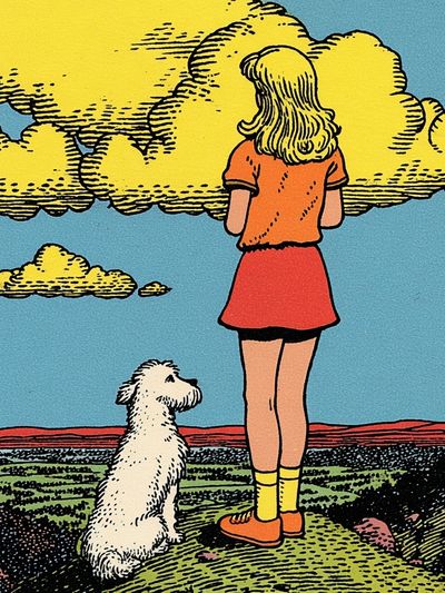 Girl and Dog in Nature — Vintage Print. poster