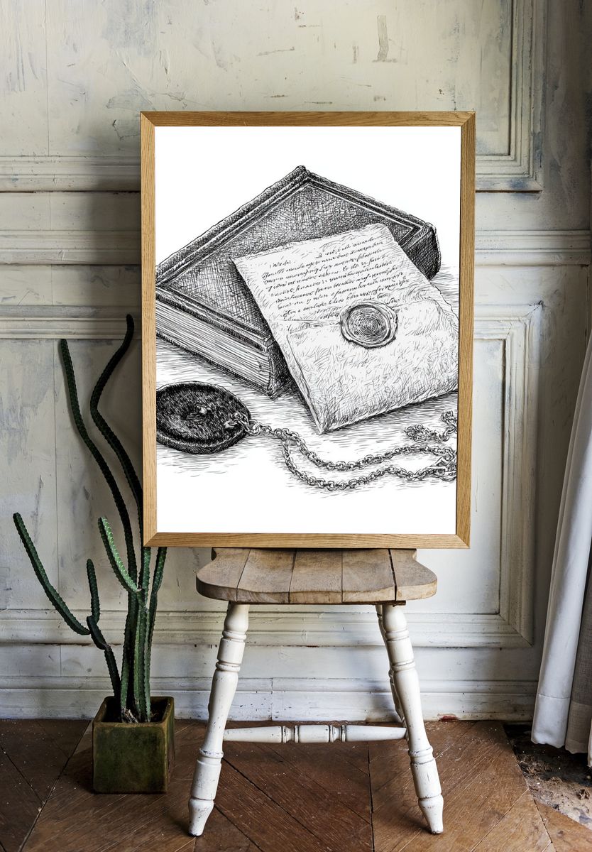 Vintage Letter and Book Print. — room view 1