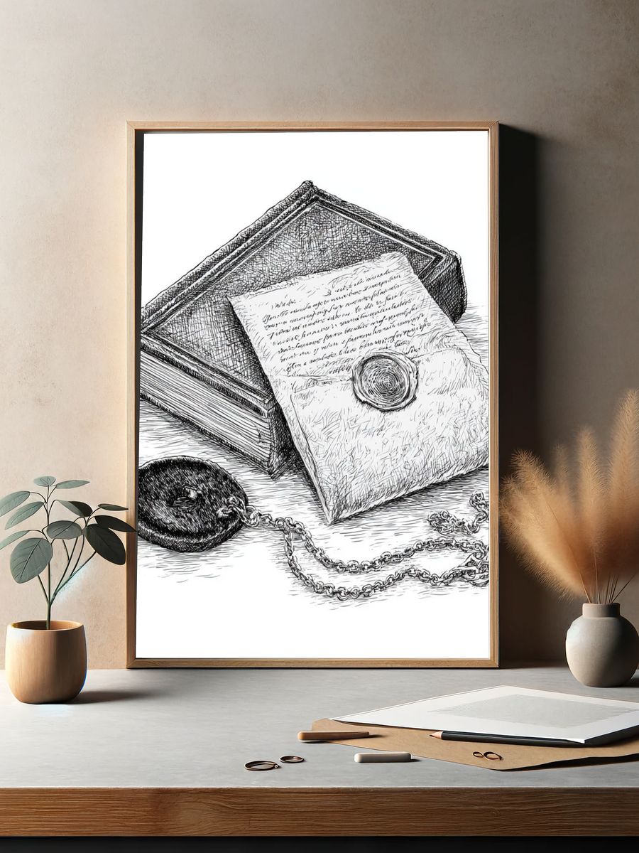 Vintage Letter and Book Print. — room view 2