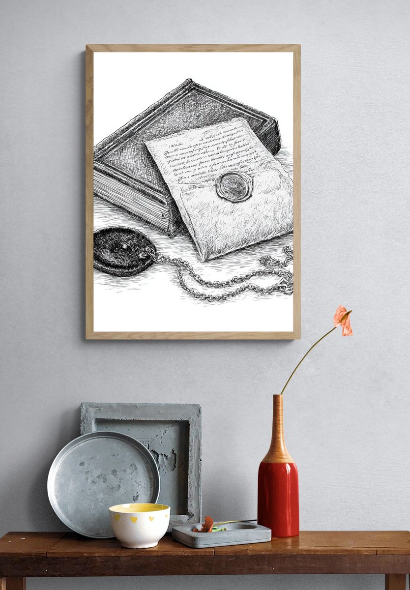Vintage Letter and Book Print. — room view 3