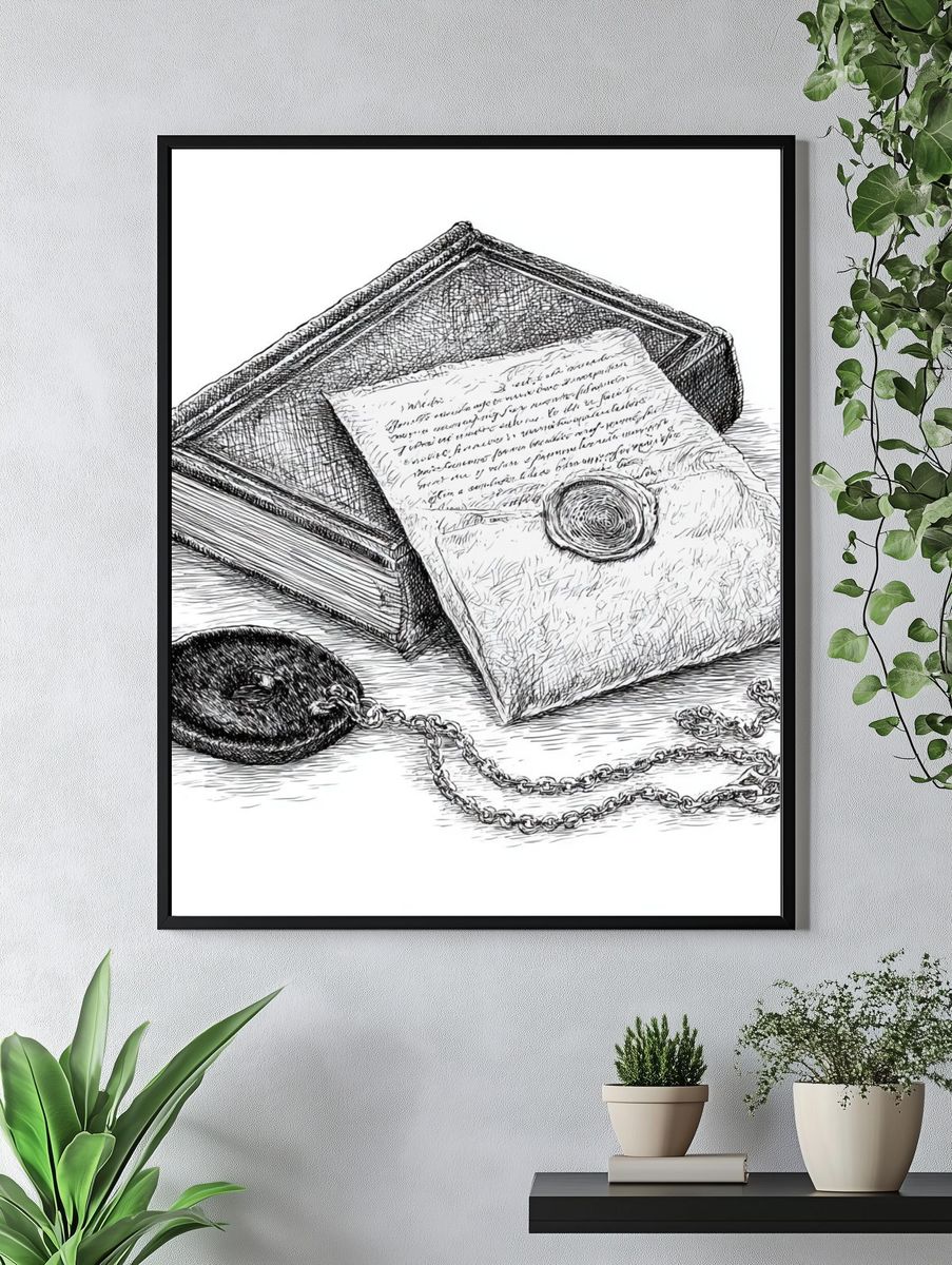 Vintage Letter and Book Print. — room view 4