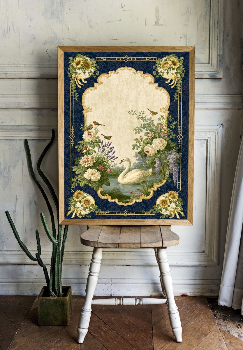 Swan and Florals Vintage Print. — room view 1