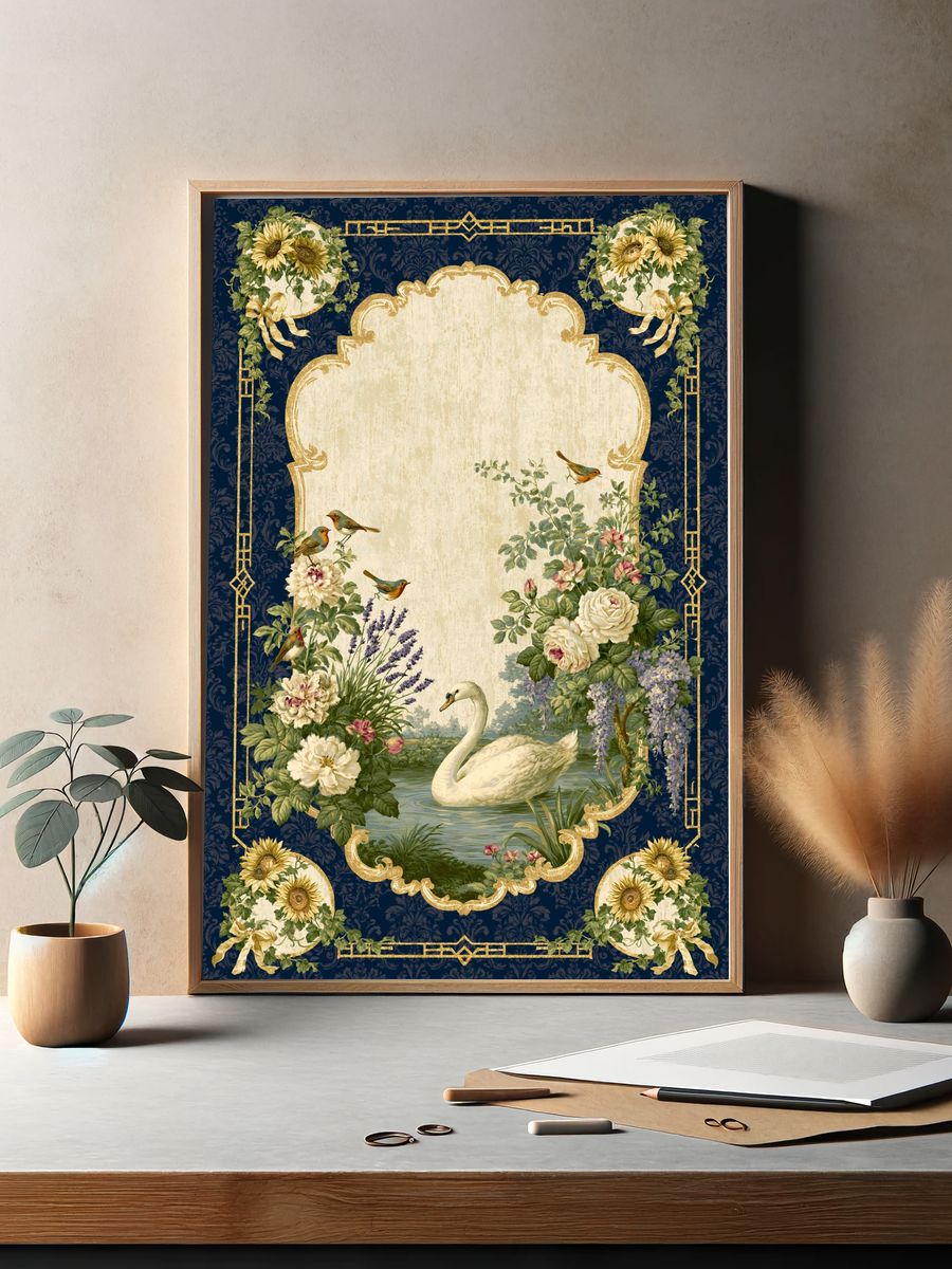 Swan and Florals Vintage Print. — room view 2