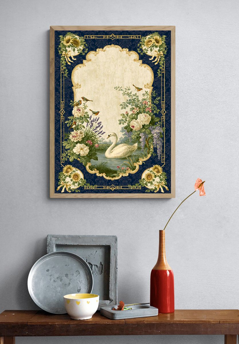 Swan and Florals Vintage Print. — room view 3