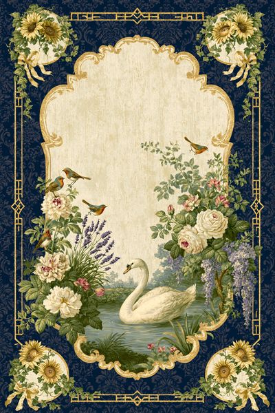 Swan and Florals Vintage Print.
