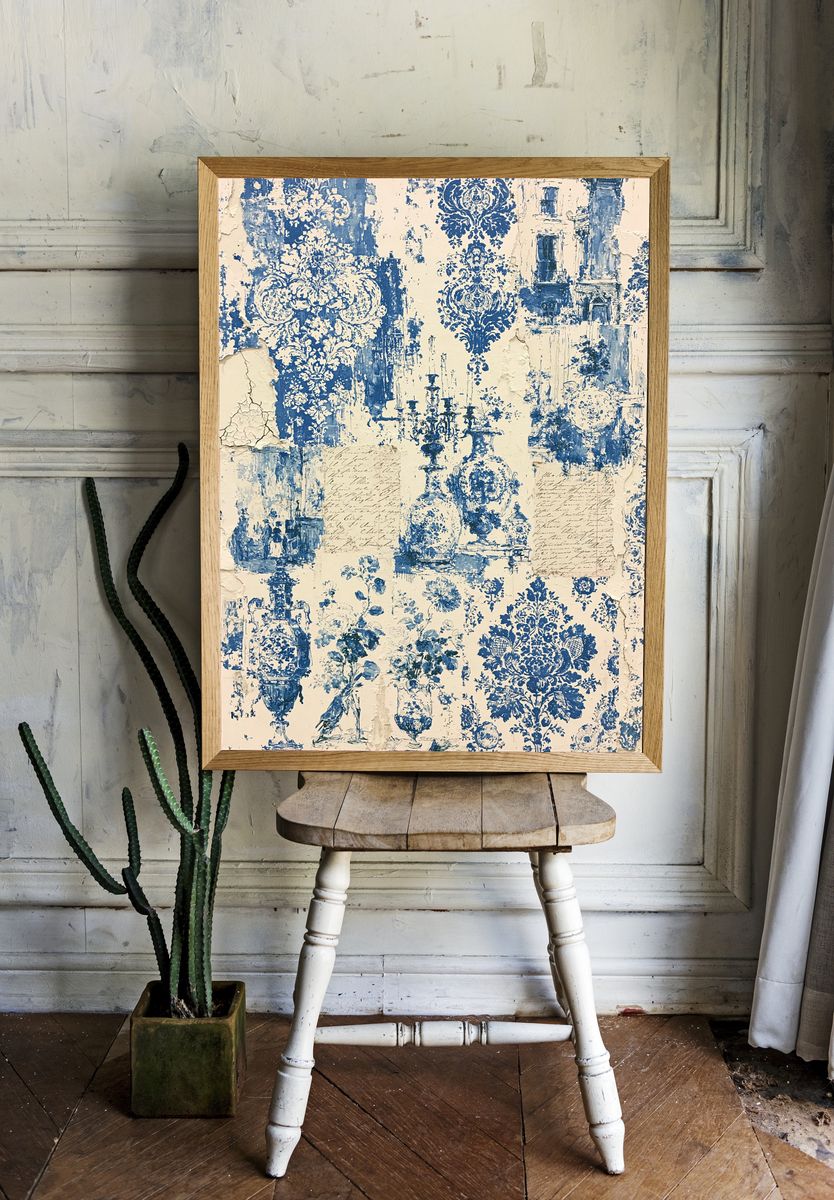 Blue Toile Damask Print. room preview