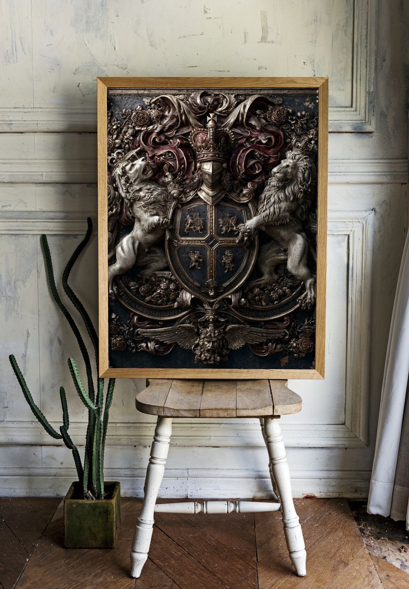 Baroque Heraldic Lions Vintage Print. — room view 1