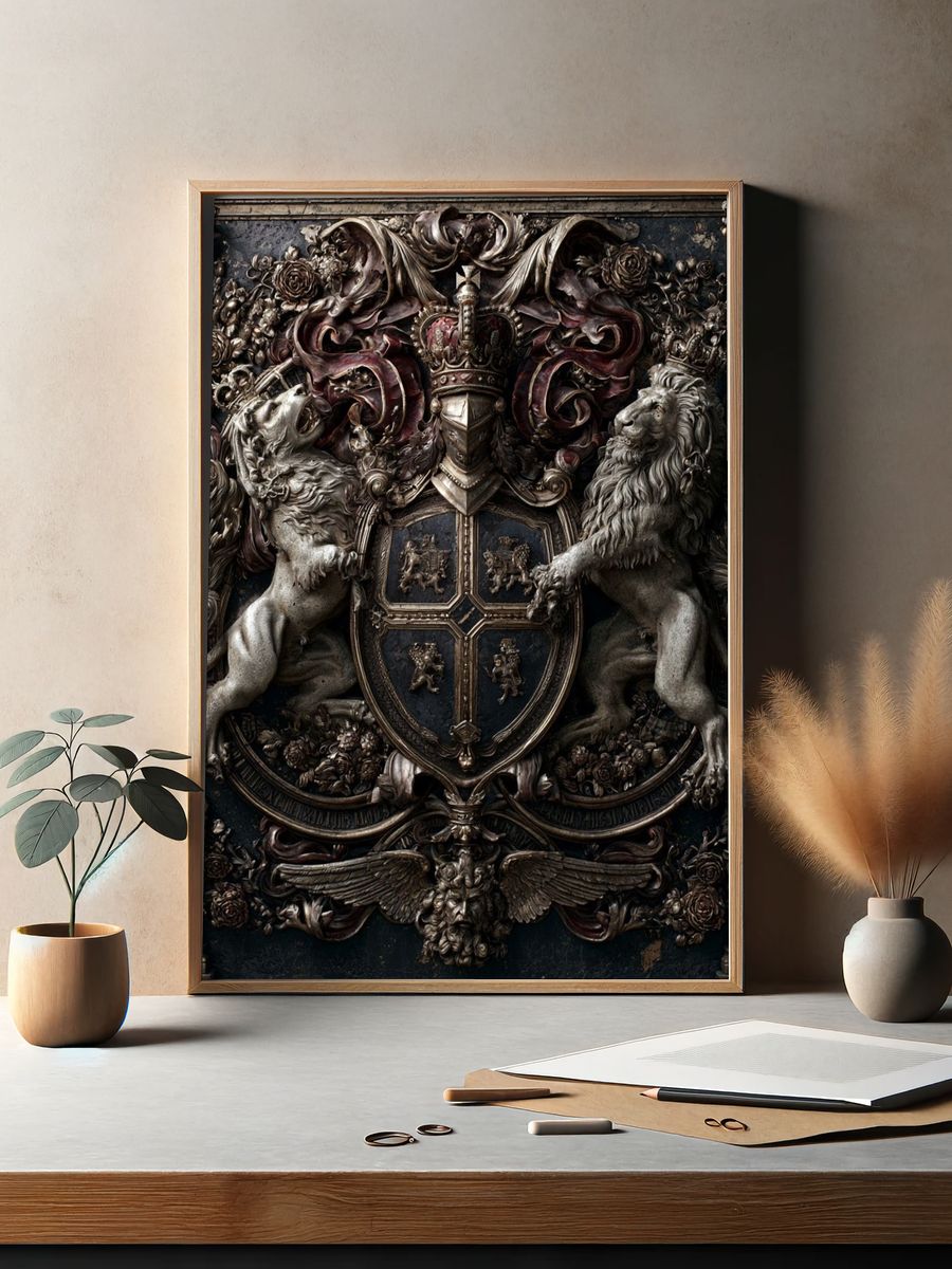Baroque Heraldic Lions Vintage Print. — room view 2
