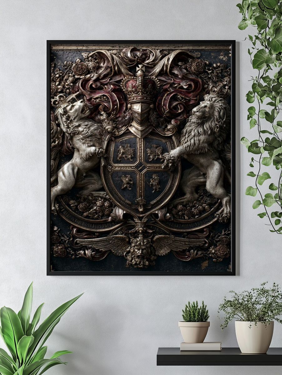 Baroque Heraldic Lions Vintage Print. — room view 4