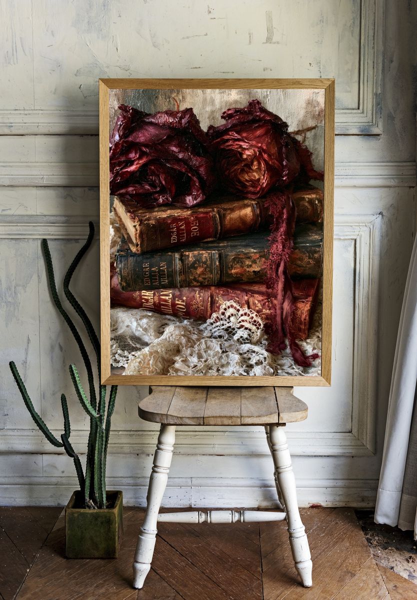 Vintage Books and Roses Still Life Print. — room view 1