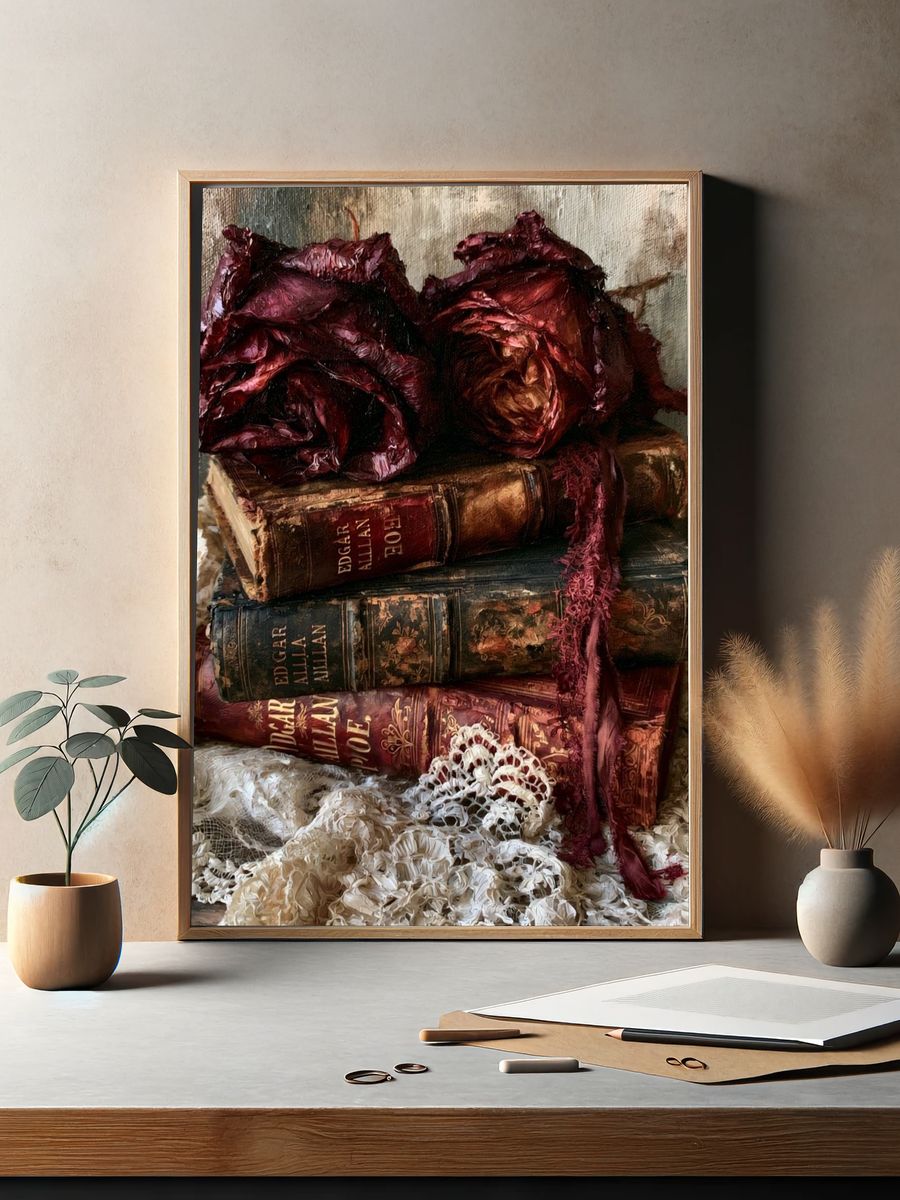 Vintage Books and Roses Still Life Print. — room view 2
