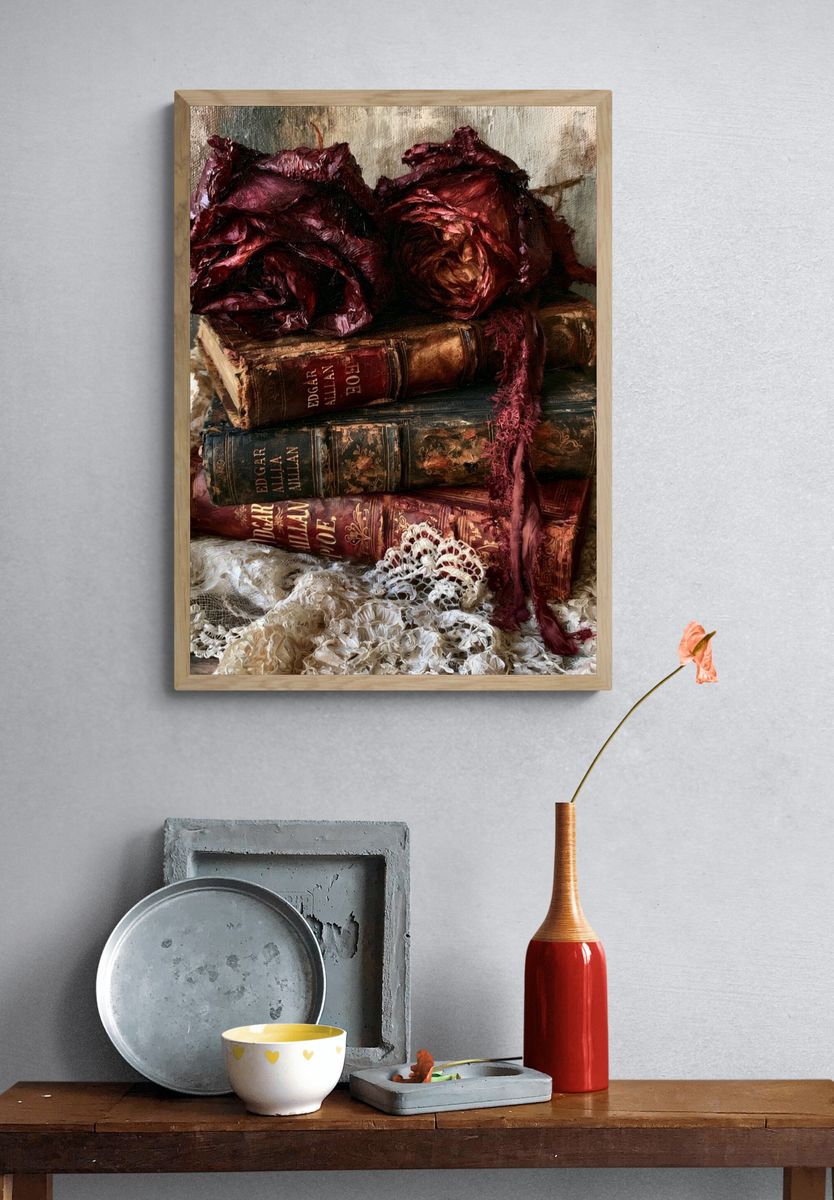 Vintage Books and Roses Still Life Print. — room view 3