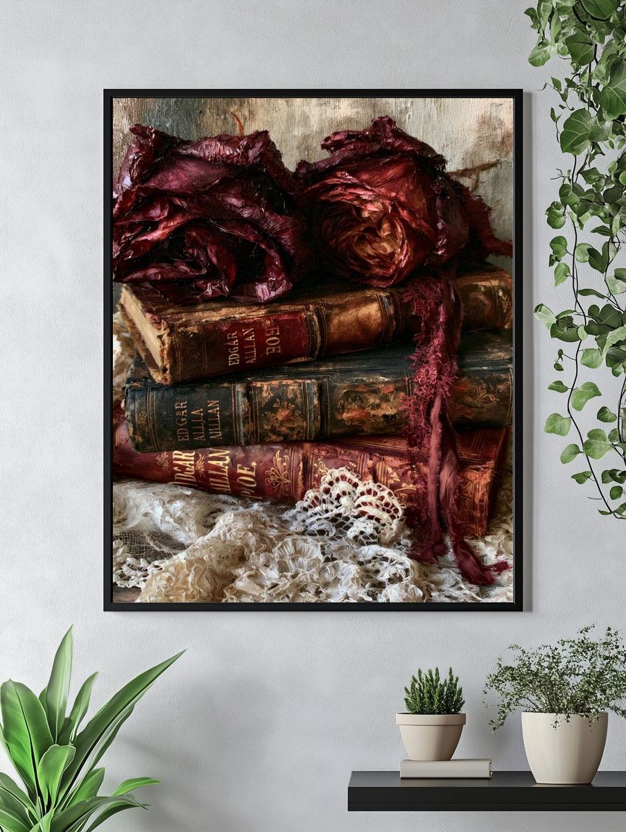 Vintage Books and Roses Still Life Print. — room view 4