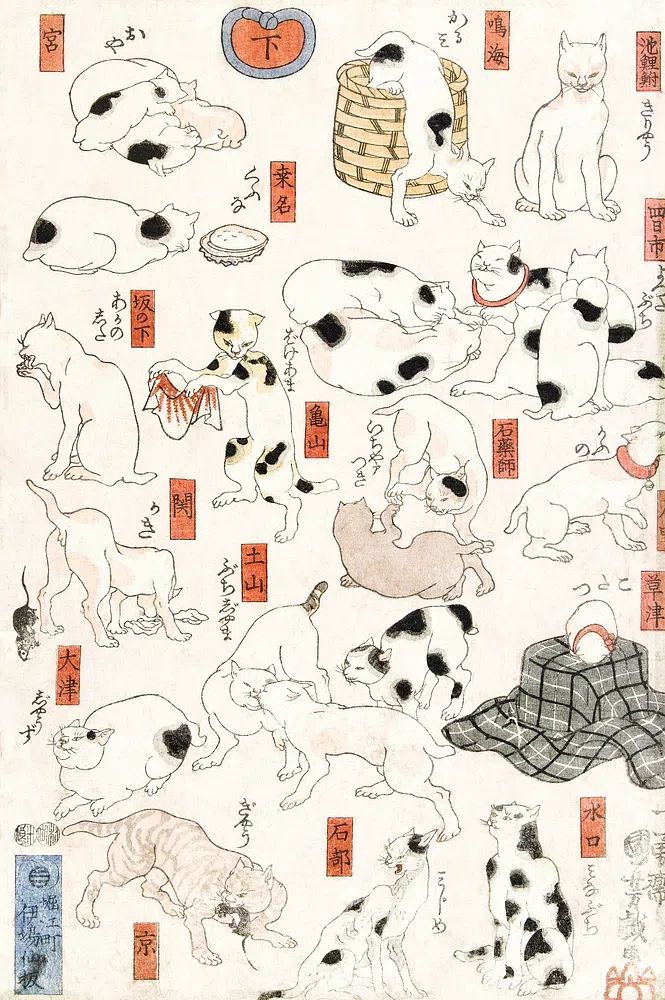 Cats (1847-1850) vintage Japanese woodblock. poster — vintage art