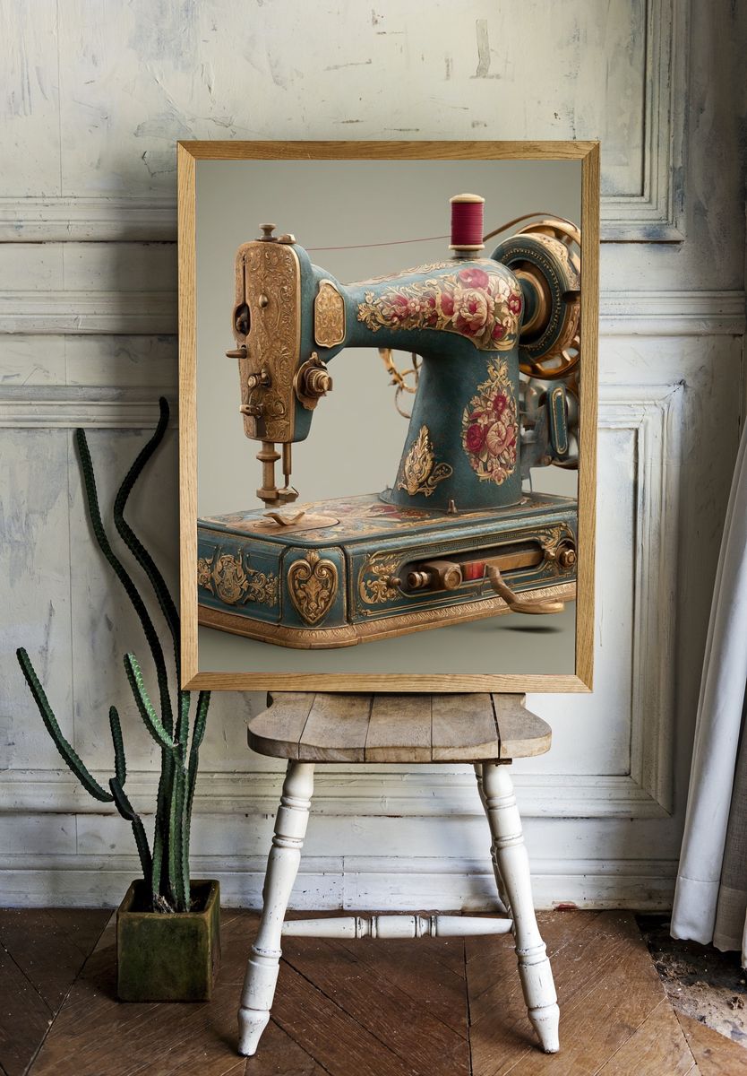 Ornate Vintage Sewing Machine Poster. room preview