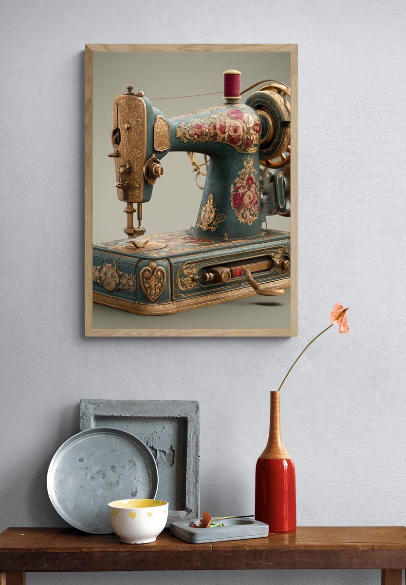 Ornate Vintage Sewing Machine Poster. — room view 3