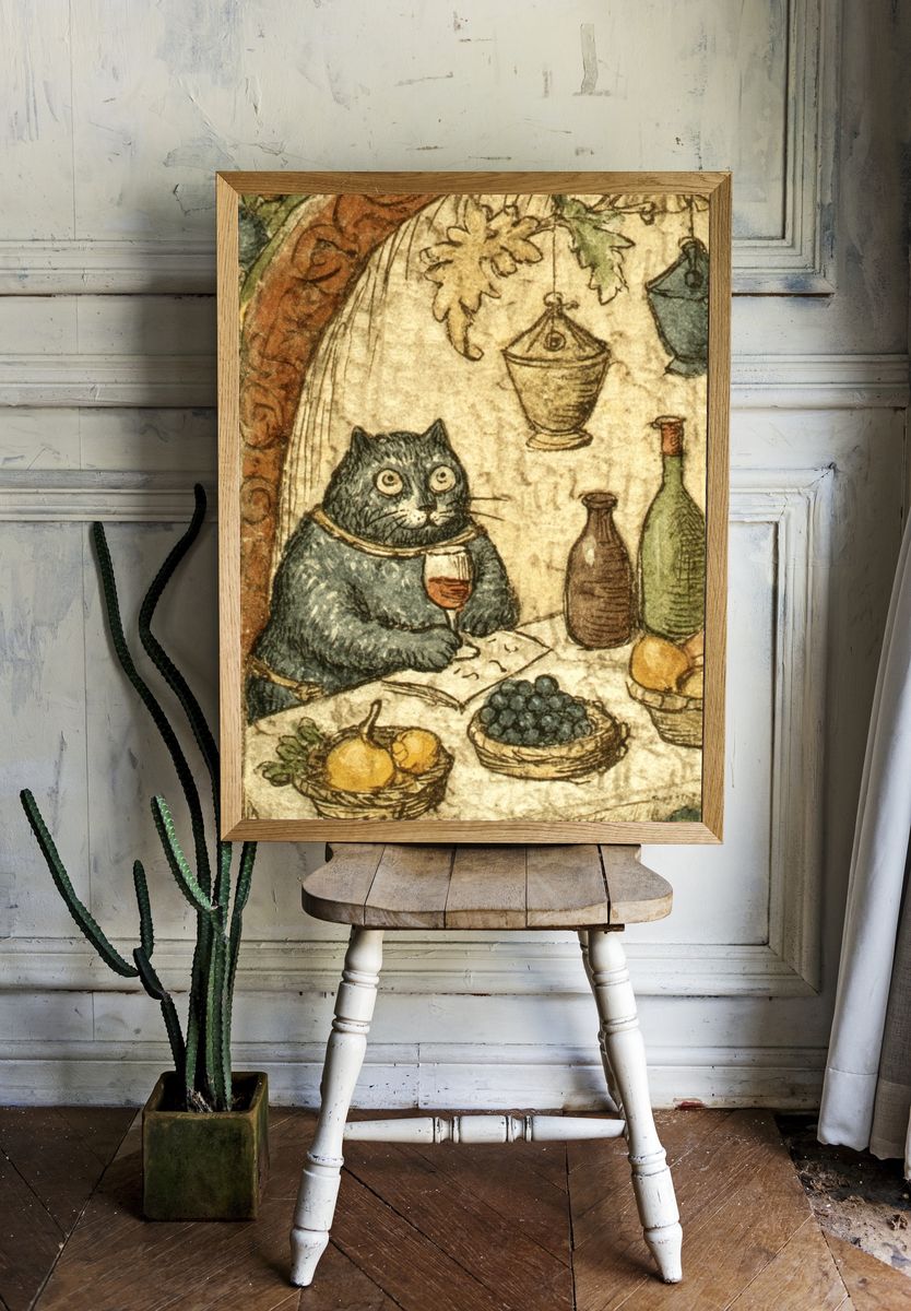 Cat Feast Vintage Illustration Print. room preview