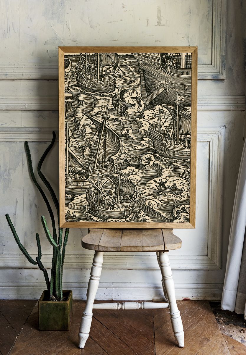 Woodcut Sailing Fleet Poster. room preview