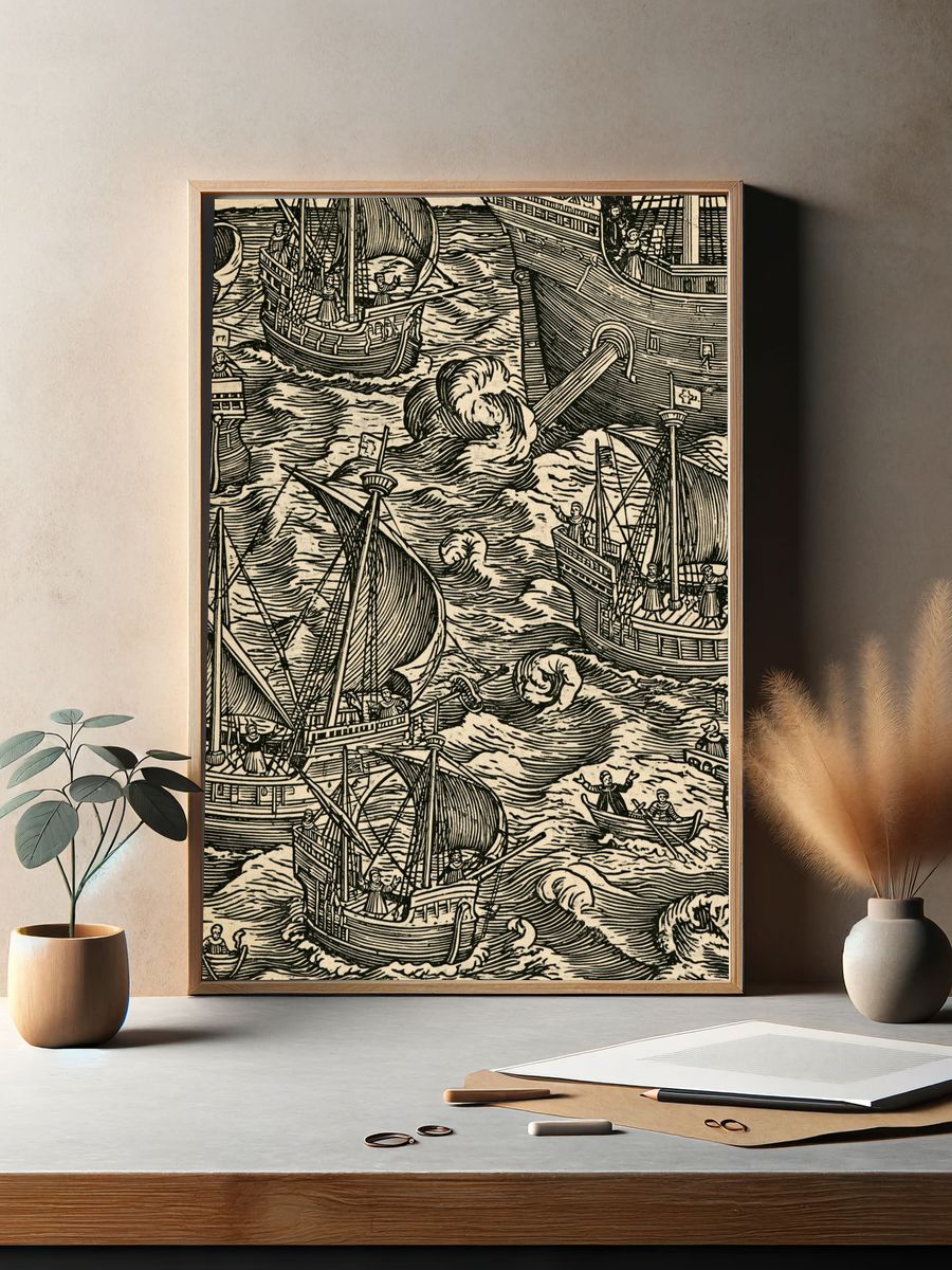 Woodcut Sailing Fleet Poster. — room view 2