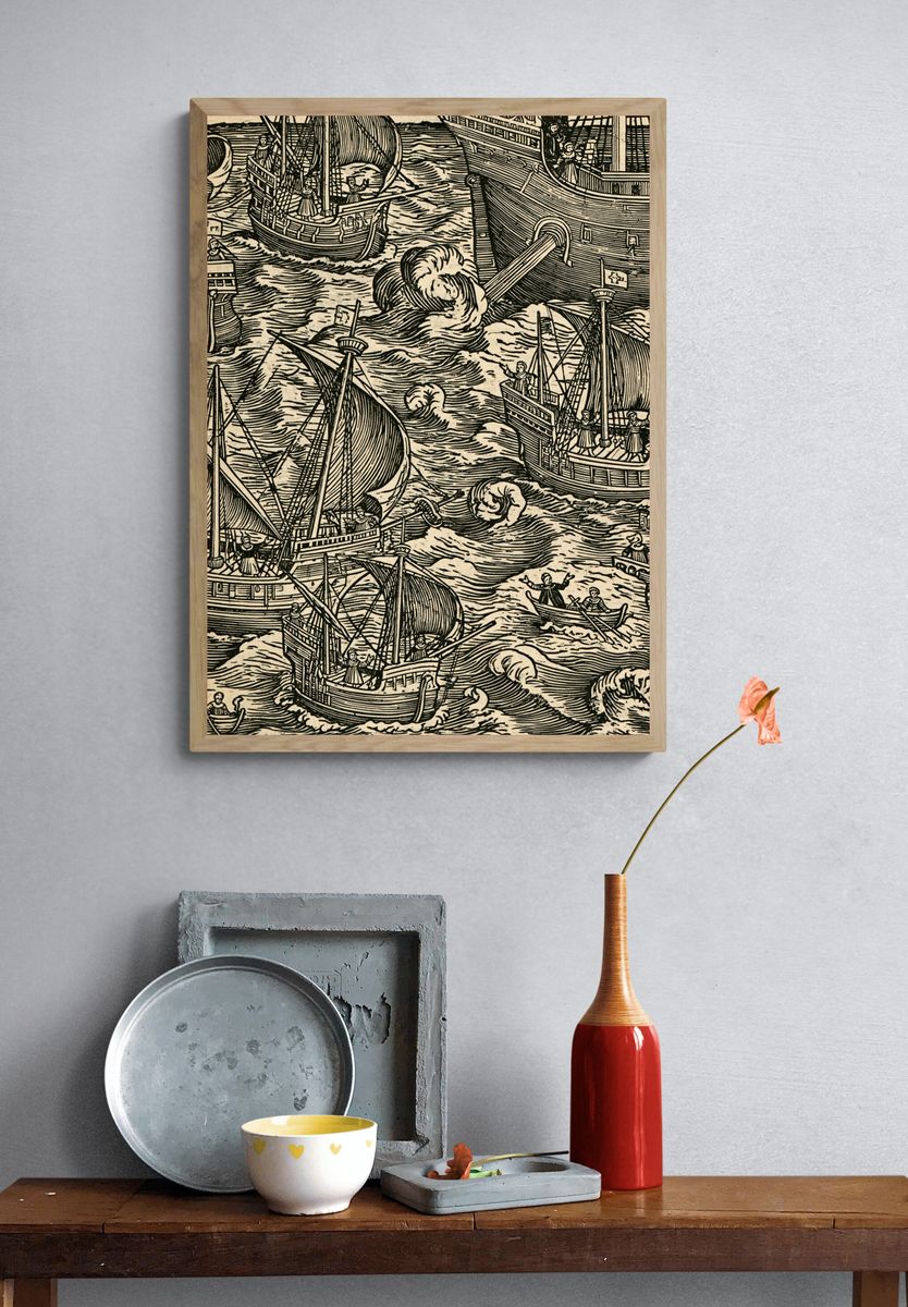 Woodcut Sailing Fleet Poster. — room view 3