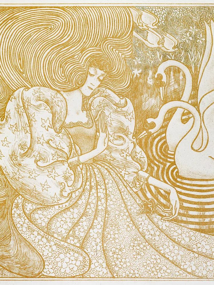 Woman Butterfly Pond Two Swans. poster detail