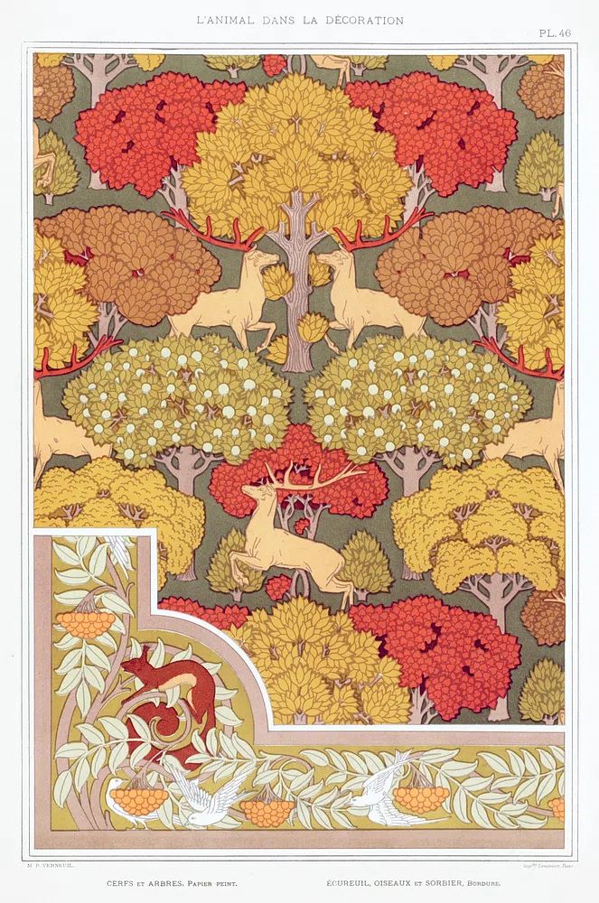 Cerfs et arbres, papier peint. poster — vintage art