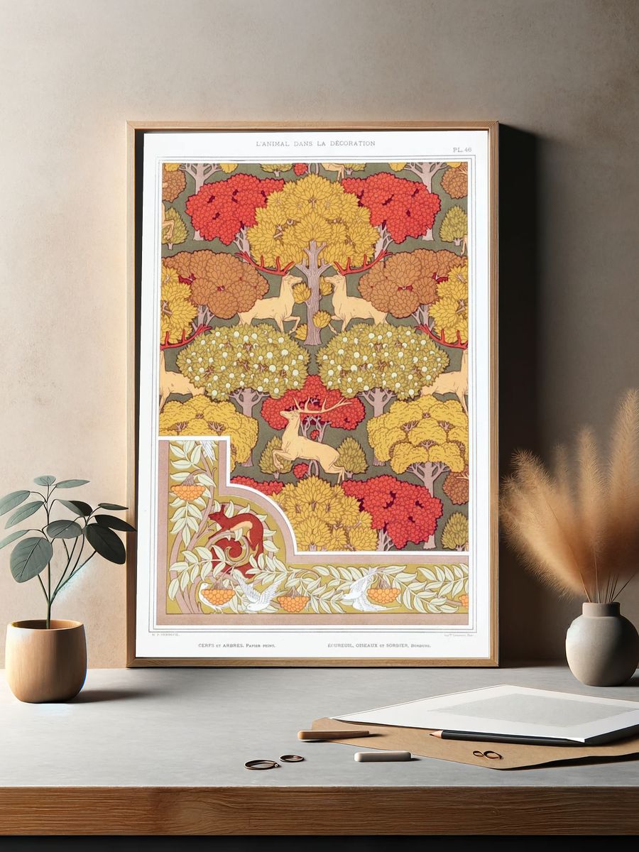 Cerfs et arbres, papier peint. — room view 2
