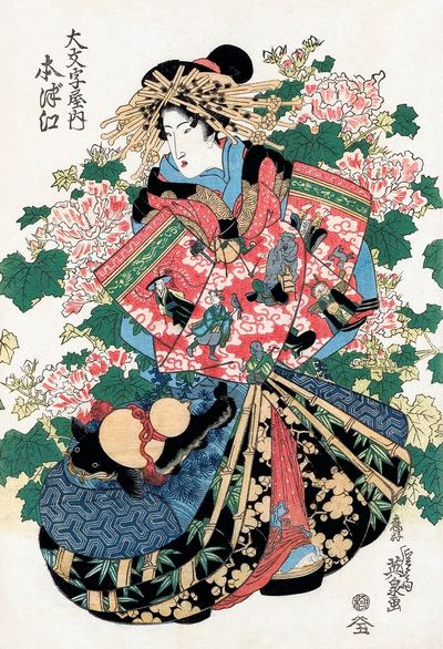 Japanese Geisha Floral Ukiyo-e Print