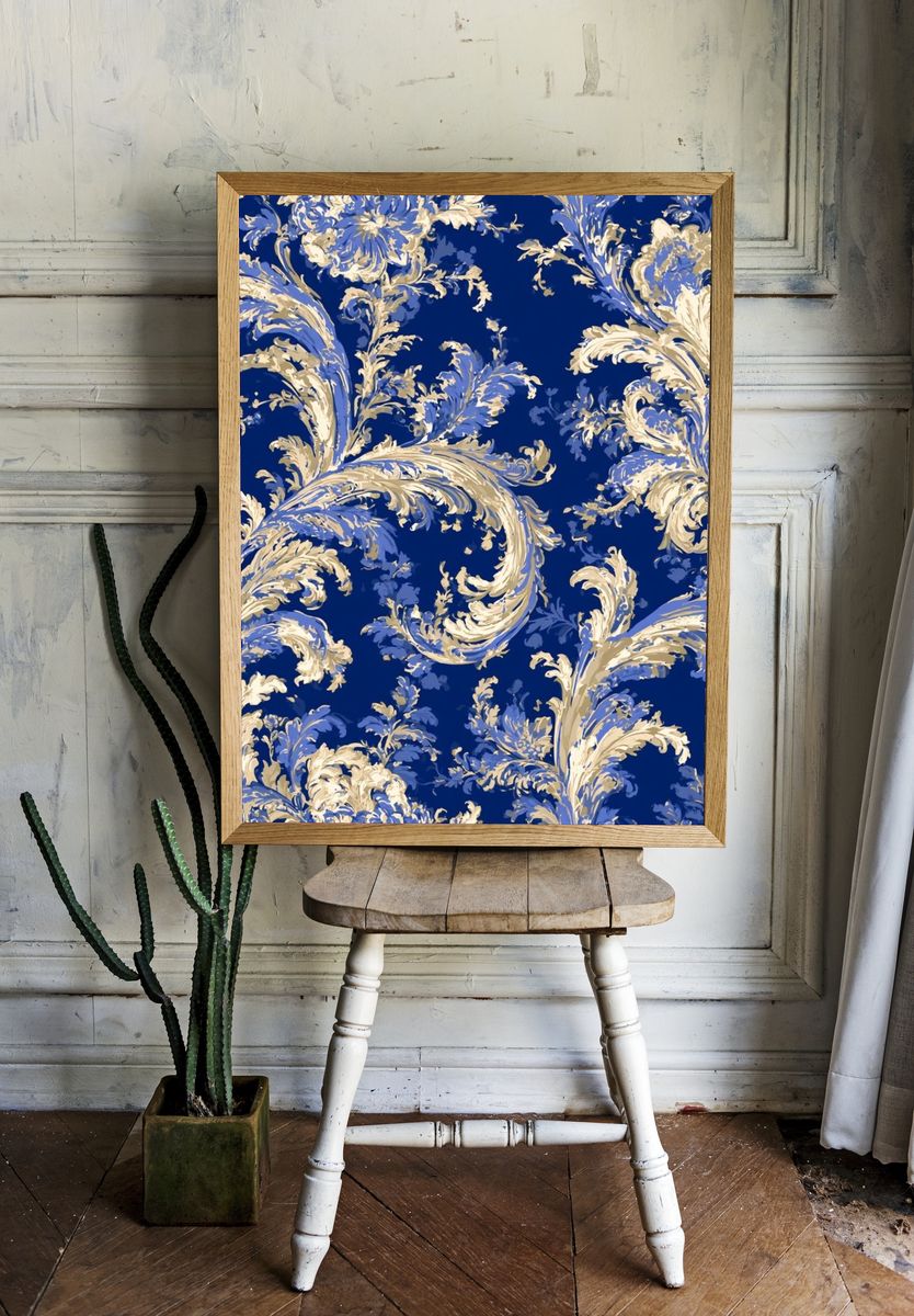 Blue Damask Pattern Poster. — room view 1