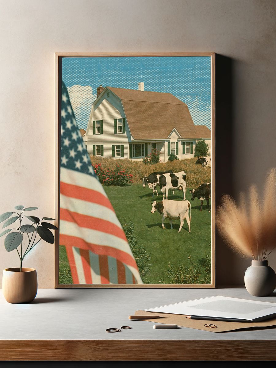 American Farmhouse Cows Vintage Poster. — room view 2