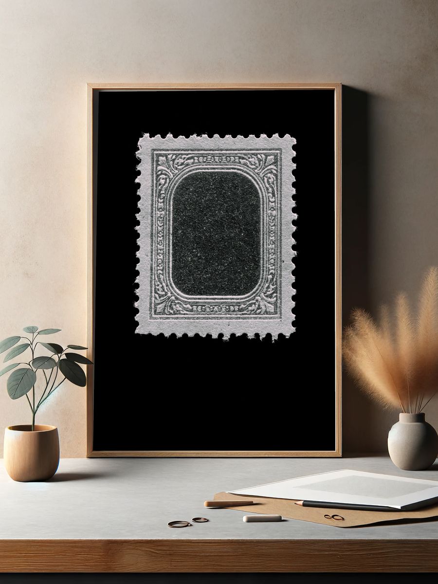 Ornate Stamp Frame Black-White Print. — room view 2