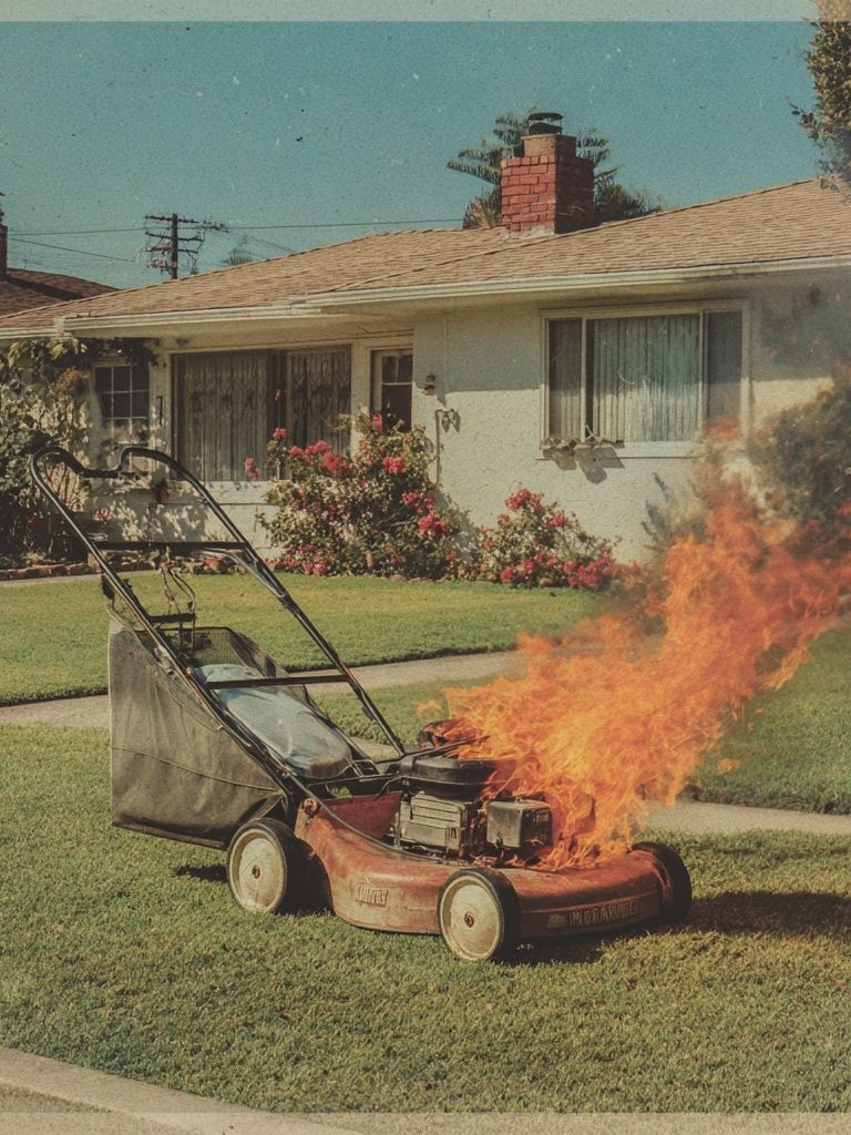 Burning Lawn Mower Vintage Print. poster detail