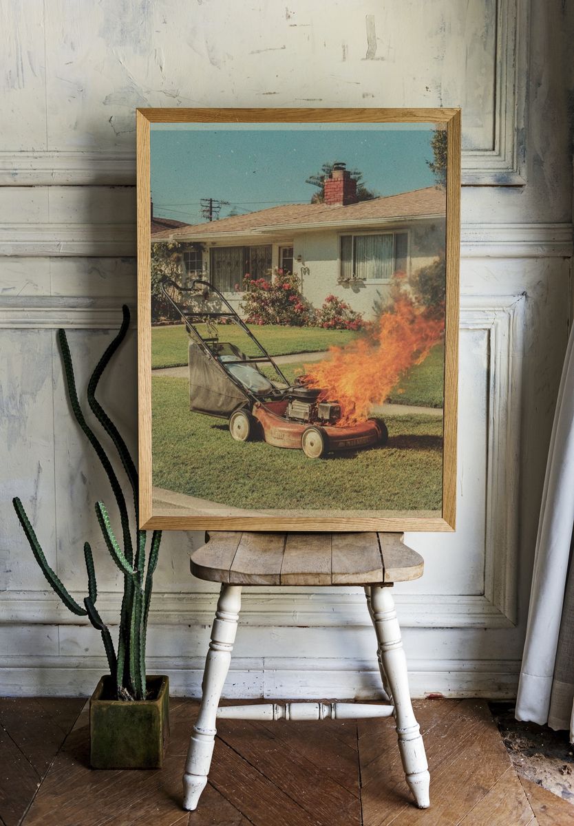 Burning Lawn Mower Vintage Print. — room view 1