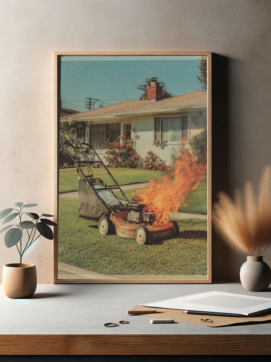 Burning Lawn Mower Vintage Print. — room view 2