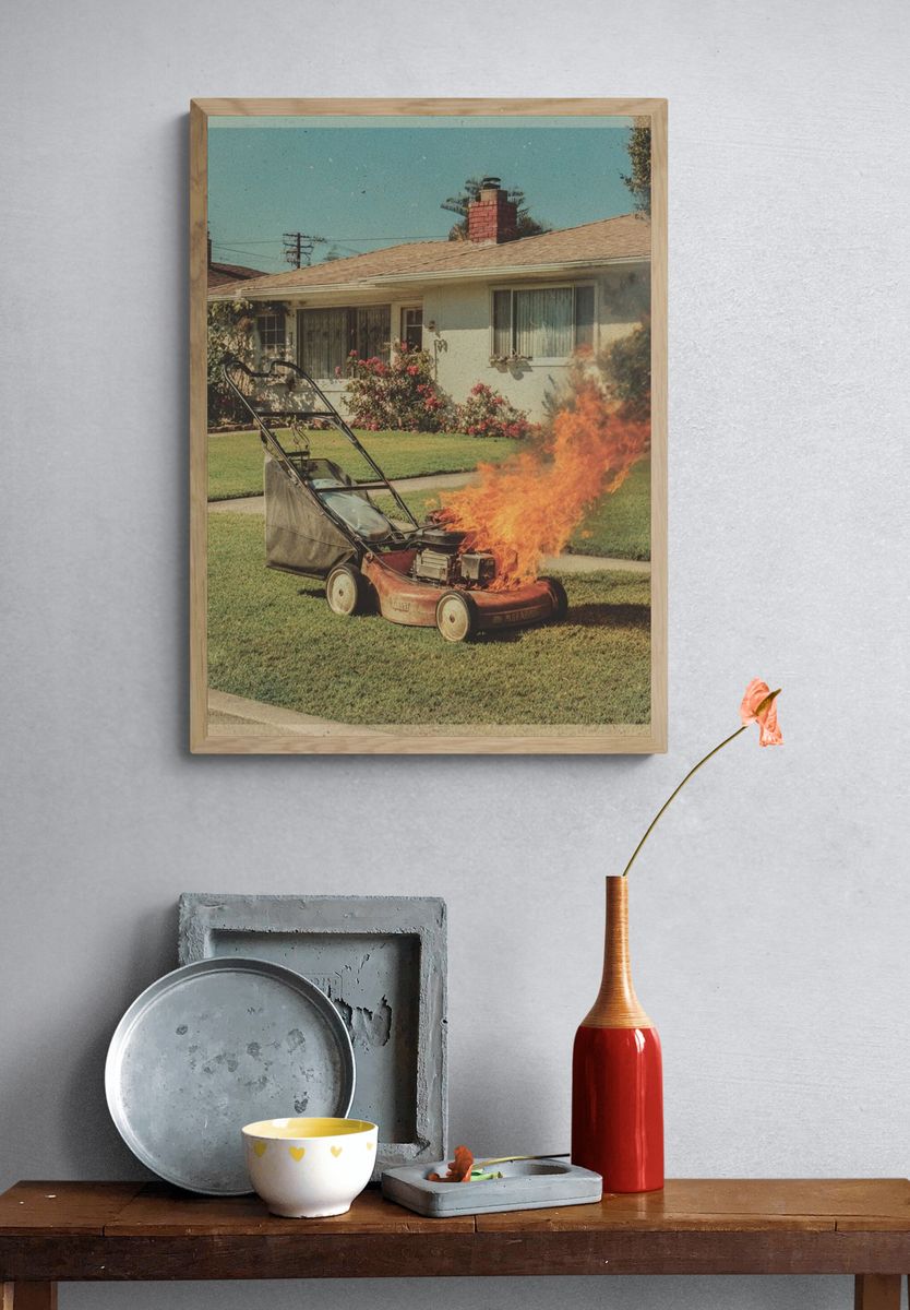 Burning Lawn Mower Vintage Print. — room view 3