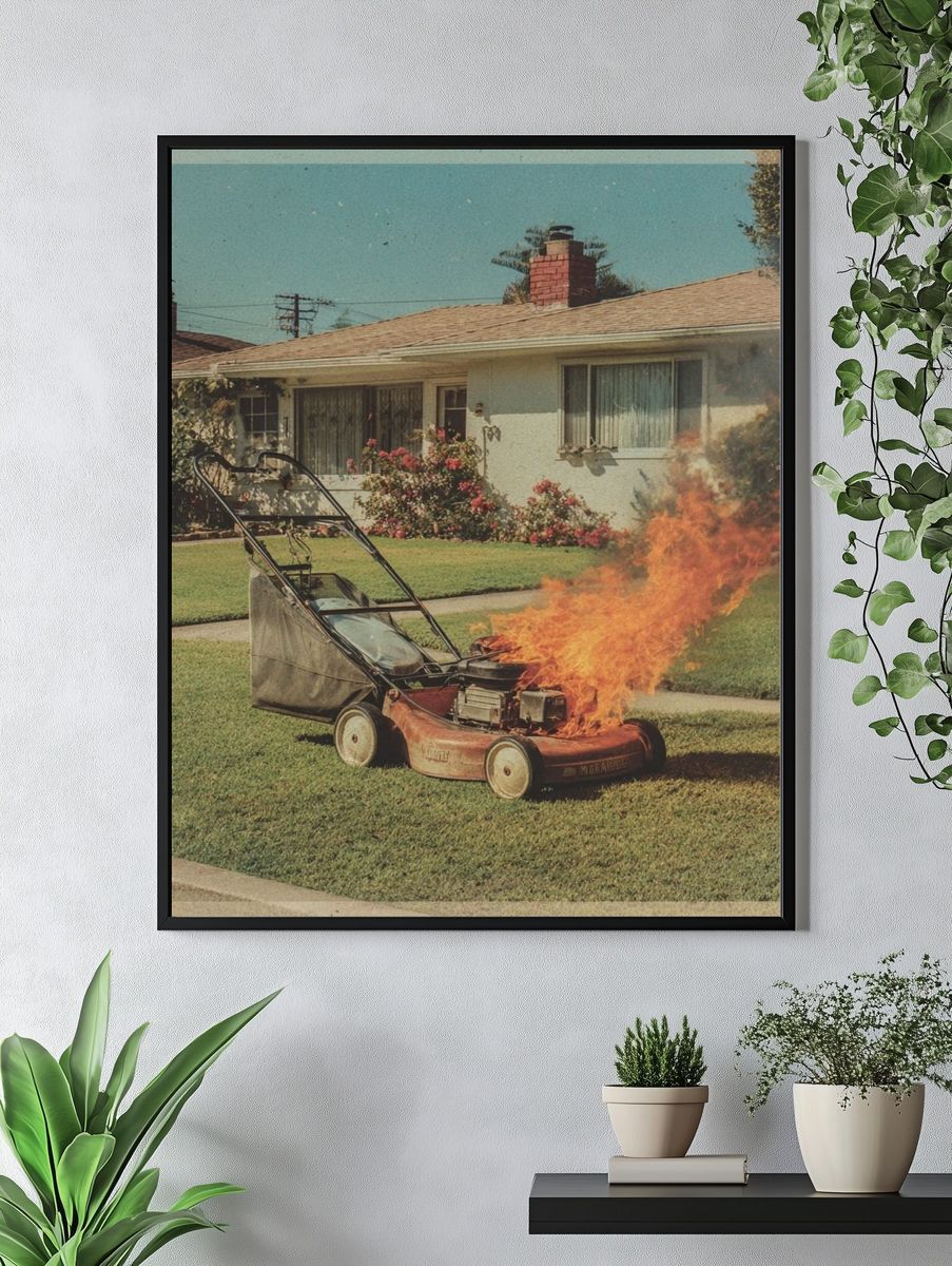 Burning Lawn Mower Vintage Print. — room view 4