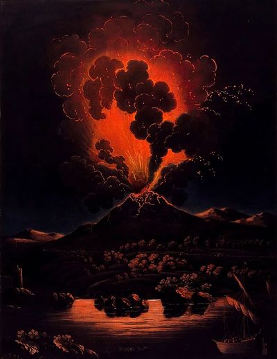 Eruption Mount Etna night; people.