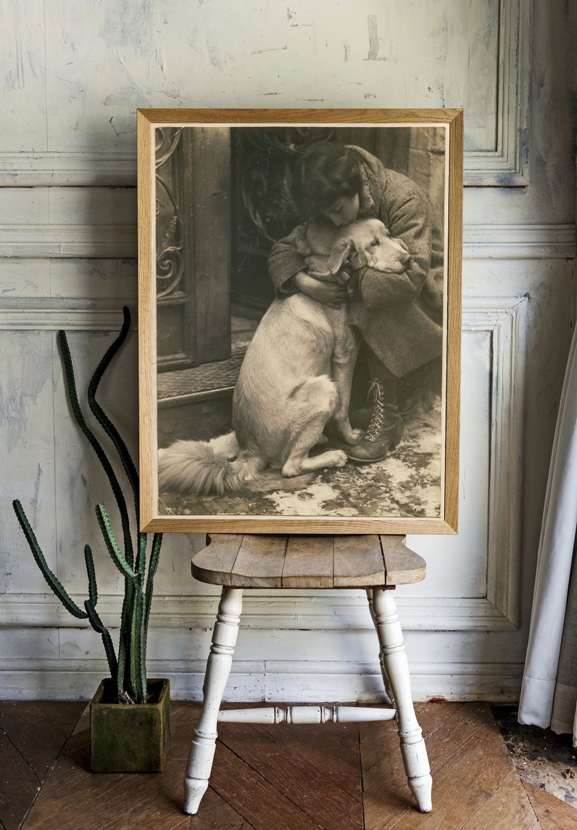 Girl Hugging Dog Vintage Photo Print. room preview