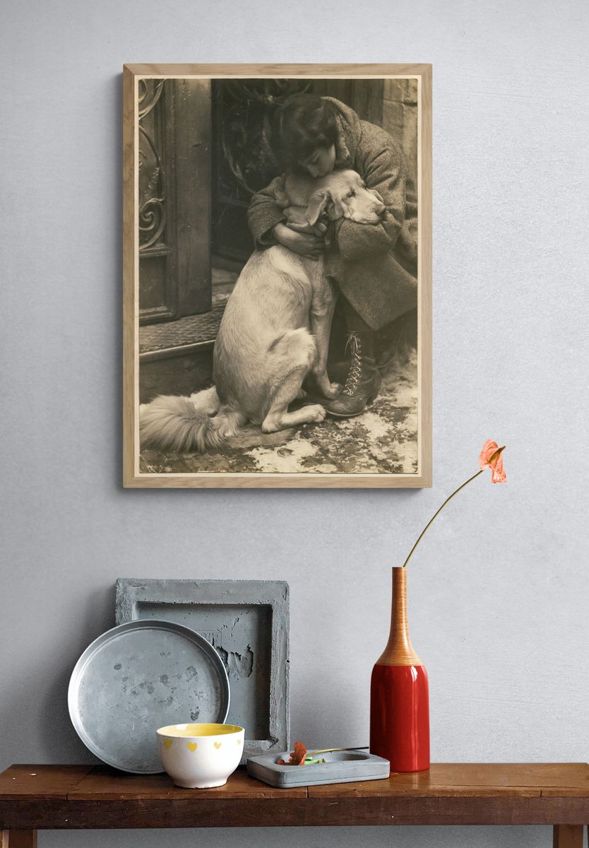 Girl Hugging Dog Vintage Photo Print. — room view 3
