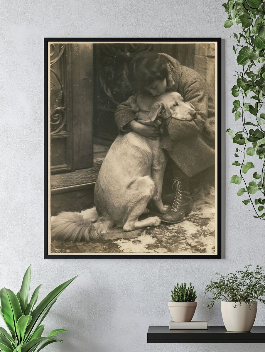 Girl Hugging Dog Vintage Photo Print. — room view 4