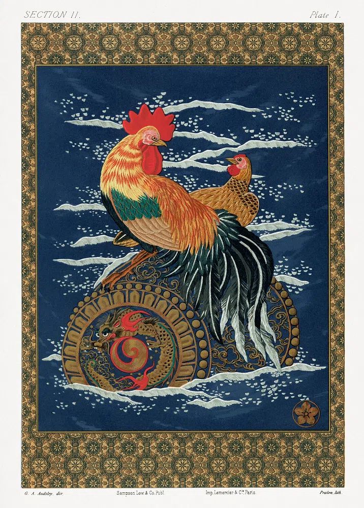 Colorful Rooster and Hen — Vintage Print. poster — vintage art