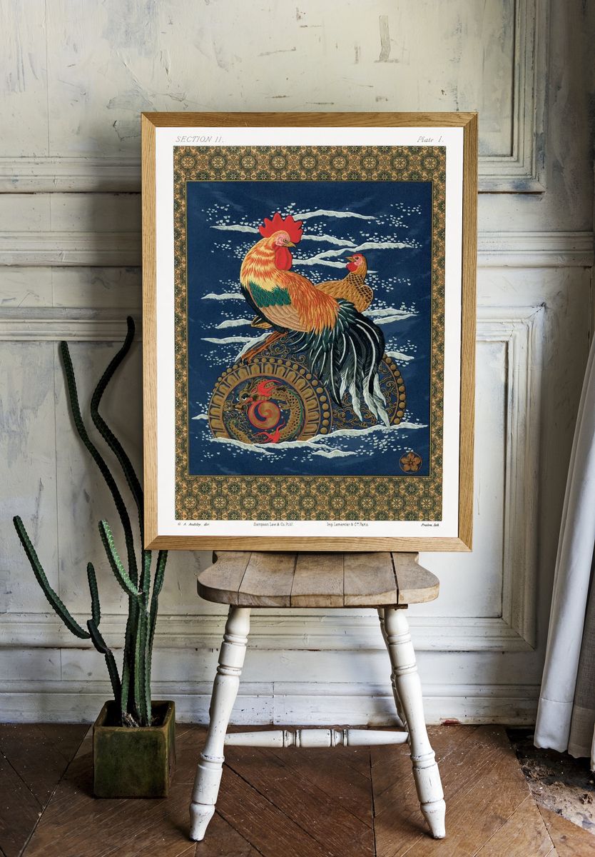 Colorful Rooster and Hen — Vintage Print. — room view 1