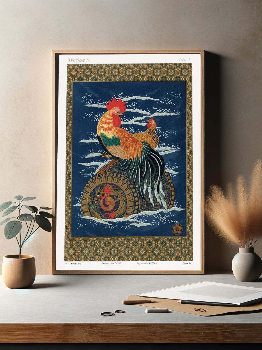 Colorful Rooster and Hen — Vintage Print. — room view 2