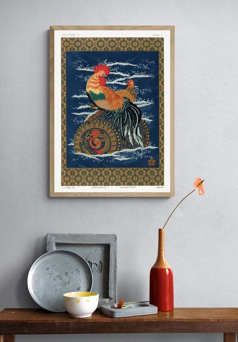 Colorful Rooster and Hen — Vintage Print. — room view 3
