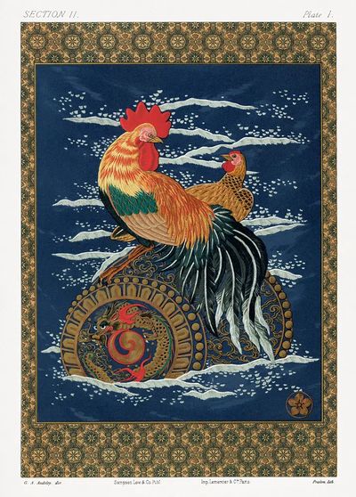 Colorful Rooster and Hen — Vintage Print