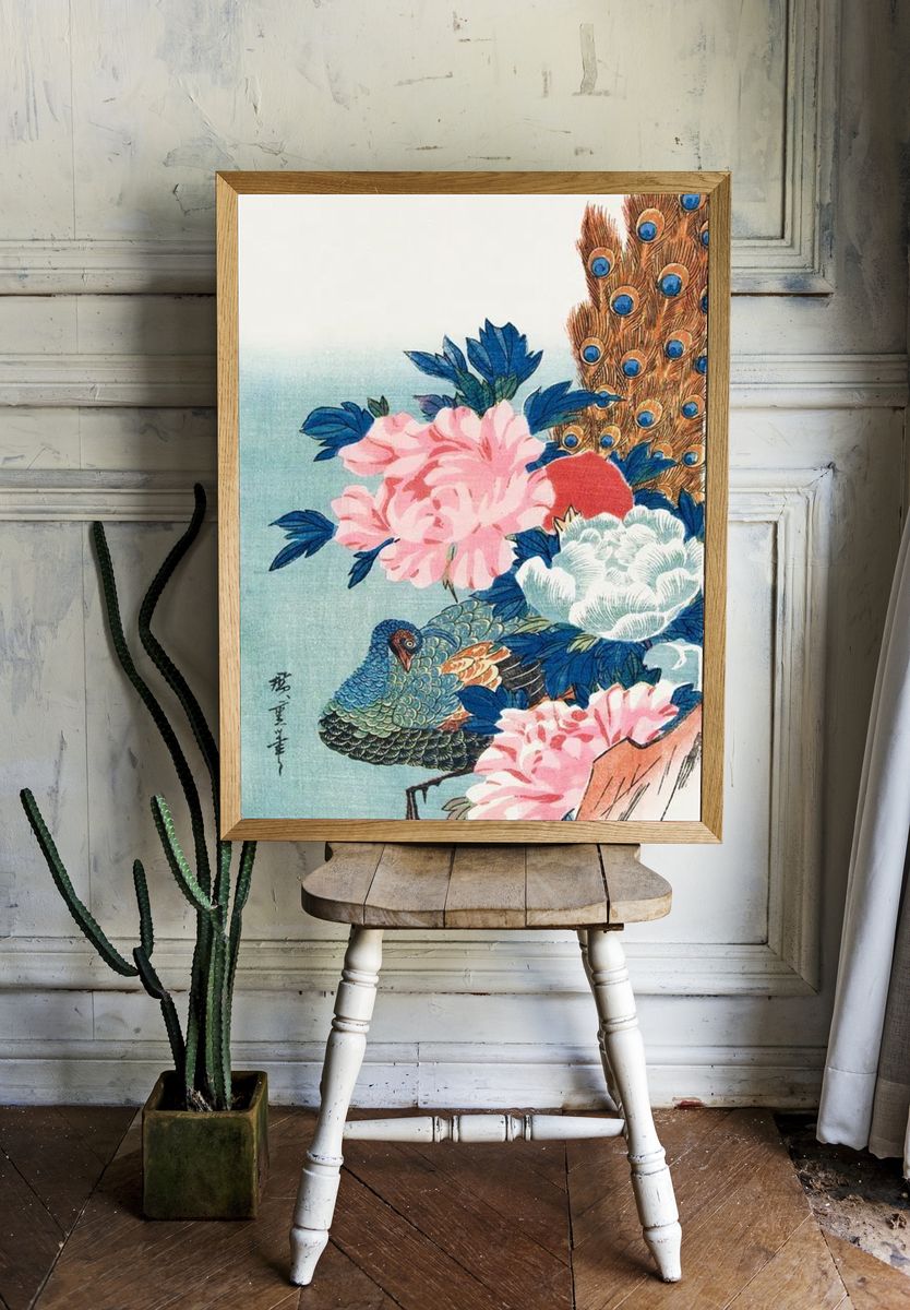 Peacock and Flowers — Vintage Print. — room view 1