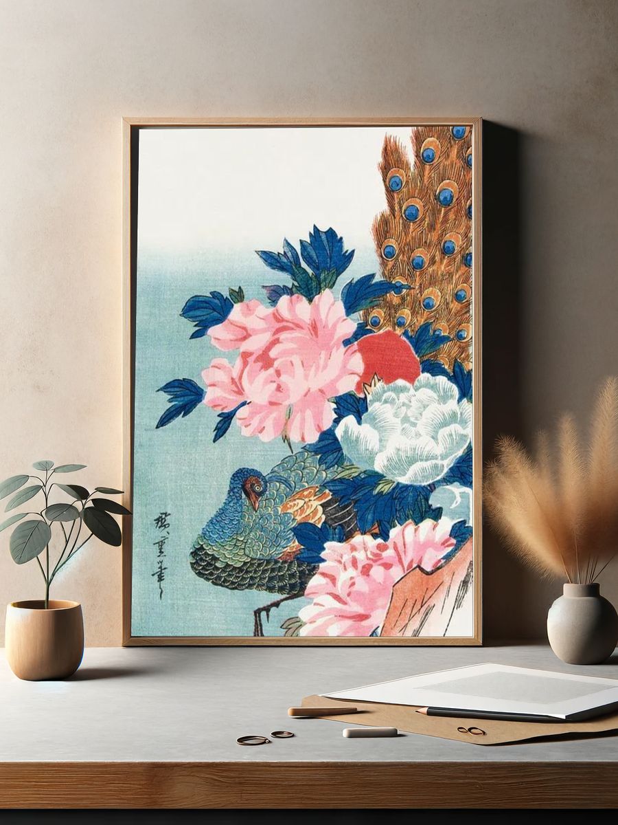 Peacock and Flowers — Vintage Print. — room view 2