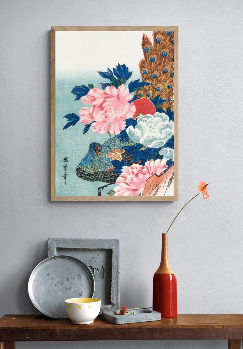 Peacock and Flowers — Vintage Print. — room view 3