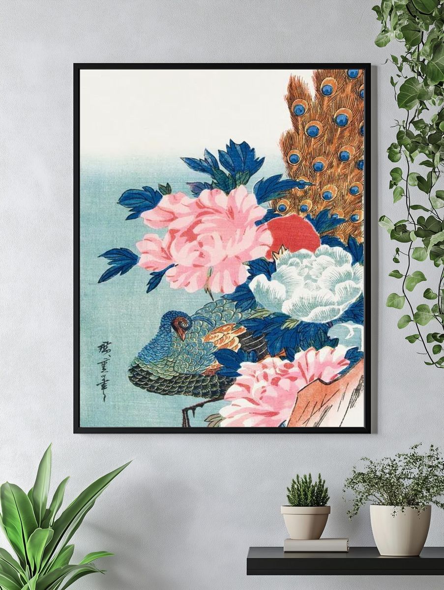 Peacock and Flowers — Vintage Print. — room view 4