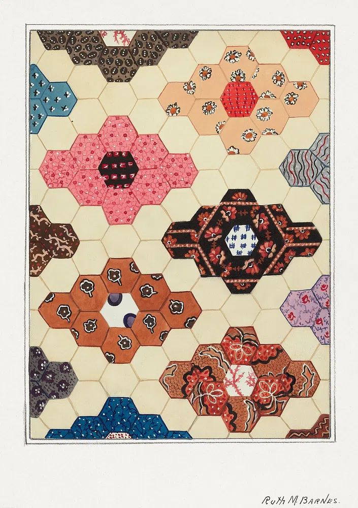 Hexagonal Quilt Pattern — Vintage Print. poster — vintage art